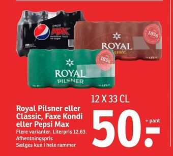 SPAR Royal pilsner eller classic, faxe kondi eller pepsi max tilbud