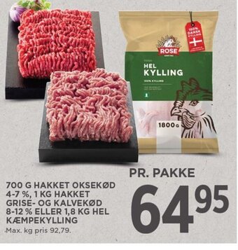 MENY 700 G HAKKET OKSEKØD 4-7 %, 1 KG HAKKET GRISE- OG KALVEKØD 8-12 % ELLER 1,8 KG HEL KÆMPEKYLLING tilbud