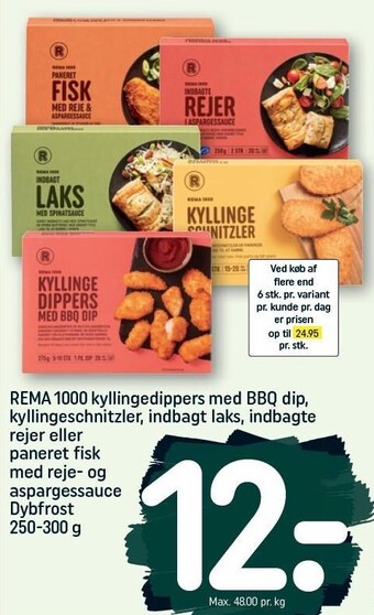 REMA 1000 Rema 1000 kyllingedippers med bbq dip, kyllingeschnitzler, indbagt laks, indbagte rejer eller paneret fisk med reje- og aspar tilbud