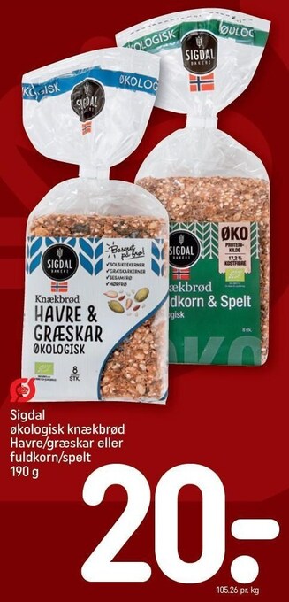 REMA 1000 Sigdal økologisk knækbrød havre/græskar eller fuldkorn/spelt tilbud