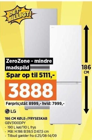 Power Lg 186 cm køle-/fryseskab tilbud