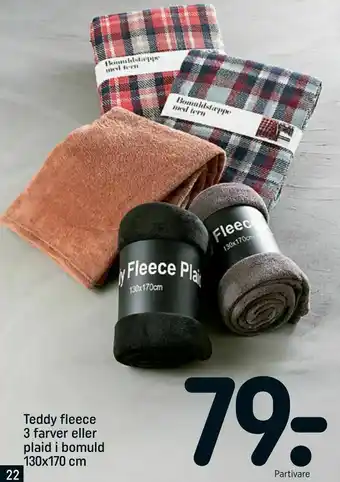 REMA 1000 Teddy fleece 3 farver eller plaid i bomuld 130x170 cm tilbud