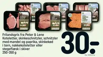 Frilandsgris fra Peter & Lene Koteletter, skinkeschnitzler, schnitzler med mandel og paprika, skinkekød i tern, nakkekotelett