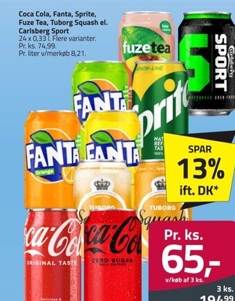 Fleggaard Coca Cola, Fanta, Sprite, Fuze Tea, Tuborg Squash el. Carlsberg Sport tilbud