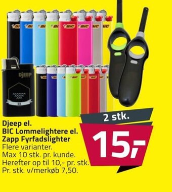 Fleggaard Djeep el. BIC Lommelightere el. Zapp Fyrfadslighter tilbud