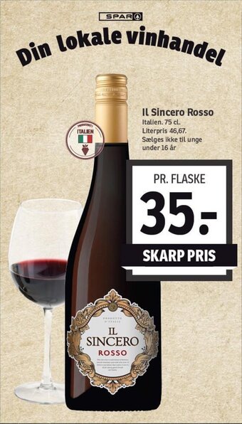 SPAR IL Sincero Rosso Italien. 75 cl. tilbud