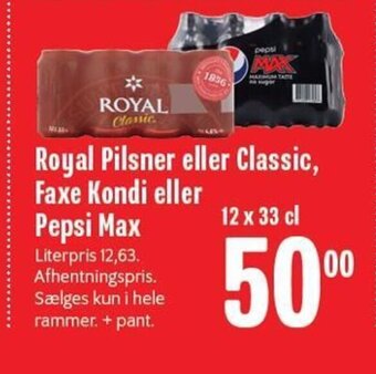 Min Købmand Royal Pilsner eller Classic, Faxe Kondi eller Pepsi Max tilbud
