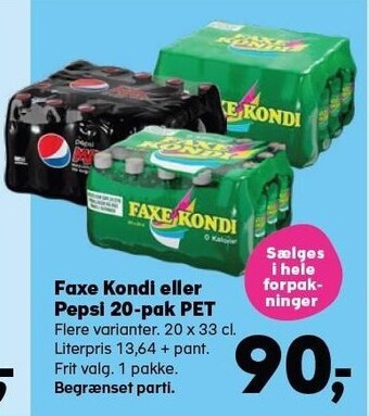 Kvickly Faxe kondi eller pepsi 20-pak pet tilbud
