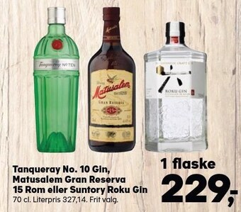 Kvickly Tanqueray no. 10 gin, matusalem gran reserva 15 rom eller suntory roku gin tilbud