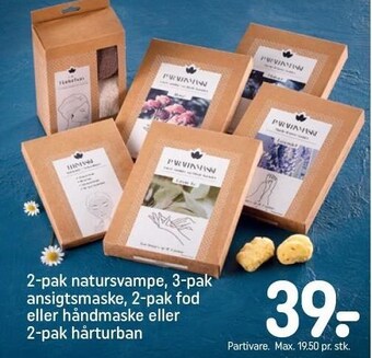 2-pak natursvampe, 3-pak ansigtsmaske, 2-pak fod eller håndmaske eller 2-pak hårturban