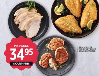 MENY 3 frikadeller, 3 fiskefilet eller 3 skiver kamsteg tilbud