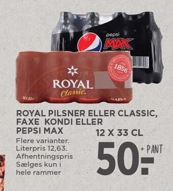 MENY Royal pilsner eller classic, faxe kondi eller pepsi max tilbud
