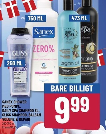 Løvbjerg Sanex shower med pumpe, daily spa shampoo el. gliss shampoo, balsam volume & repair tilbud