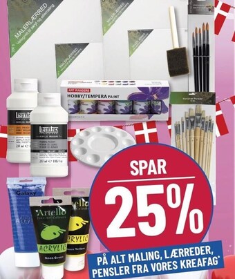 Spar 25% på alt maling, lærreder, pensler fra vores kreafag