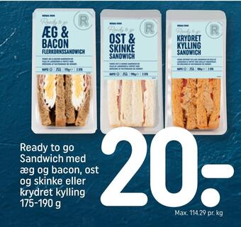 REMA 1000 Ready to go sandwich med æg og bacon, ost og skinke eller krydret kylling tilbud