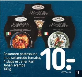 REMA 1000 Casamore pastasauce med soltørrede tomater, 4 slags ost eller karl johan svampe tilbud