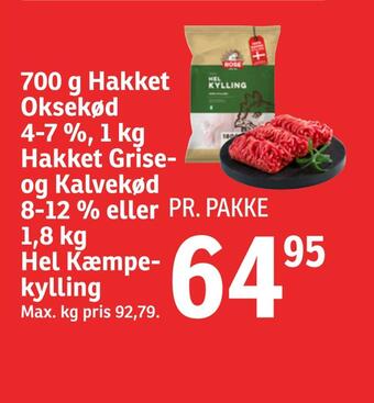 700 g hakket oksekød 4-7 %, 1 kg hakket grise- og kalvekød 8-12 % eller 1,8kg hel kæmpekylling