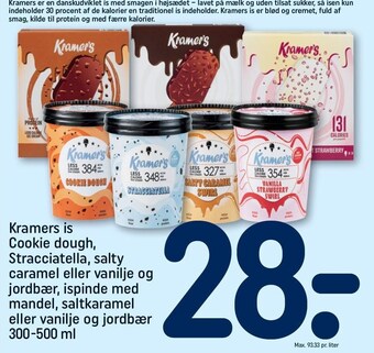 REMA 1000 Kramers is cookie dough, stracciatella, salty caramel eller vanilje og jordbær, ispinde med mandel, saltkaramel eller vanilje tilbud