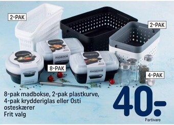 8-pak madbokse, 2-pak plastkurve, 4-pak krydderiglas eller osti osteskærer