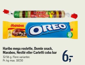Haribo mega roulette, Dumle snack, Marabou, Nestlé eller Carletti cuba bar