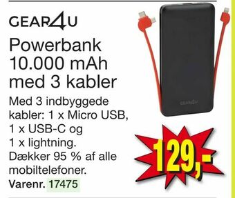 Harald Nyborg Powerbank 10000 mAh med 3 kabler tilbud