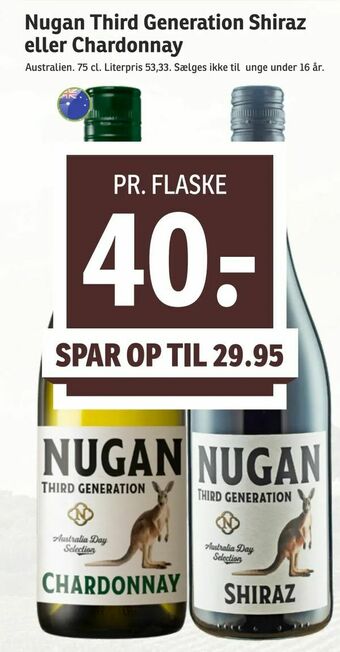 SPAR Nugan Third Generation Shiraz eller Chardonnay tilbud