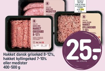 Hakket dansk grisekød 8-12%, hakket kyllingekød 7-10% eller medister