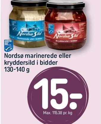 REMA 1000 Nordsø marinerede eller kryddersild i bidder 130-140 g tilbud
