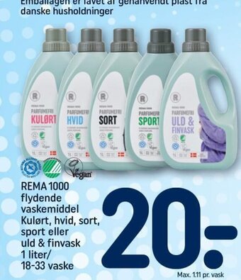 REMA 1000 REMA 1000 flydende vaskemiddel Kulørt, hvid, sort, sport eller uld & finvask 1 liter/ 18-33 vaske tilbud
