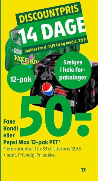 Coop 365 Faxe Kondi eller Pepsi Max 12-pak PET tilbud