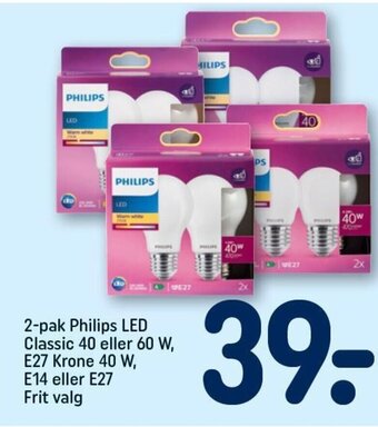 2-pak Philips LED Classic 40 eller 60 W, E27 Krone 40 W, E14 eller E27 Frit valg