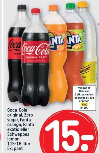 Coca-Cola original, Zero sugar, Fanta orange, Fanta exotic eller Schweppes lemon 1.25-1.5 liter Ex. pant