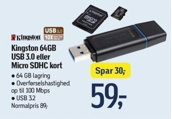Føtex Kingston 64GB USB 3.0 eller Micro SDHC kort tilbud