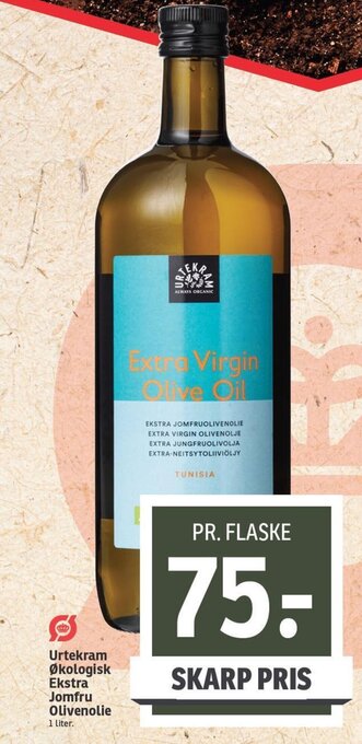 Urtekram Økologisk Ekstra Jomfru Olivenolie 1 liter.