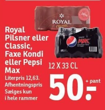 SPAR Royal Pilsner eller Classic, Faxe Kondi eller Pepsi Max tilbud