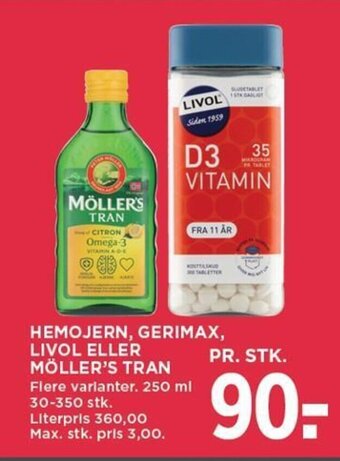 MENY HEMOJERN, GERIMAX, LIVOL ELLER MÖLLER'S TRAN tilbud