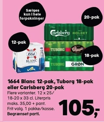 SuperBrugsen 1664 blanc 12-pak, tuborg 18-pak eller carlsberg 20-pak tilbud