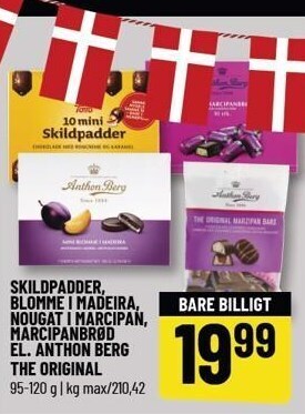 Løvbjerg Skildpadder, blomme i madeira, nougat i marcipan, marcipanbrød el. anthon berg the original tilbud