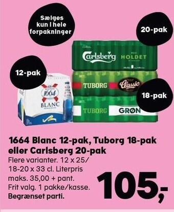 Kvickly 1664 blanc 12-pak, tuborg 18-pak eller carlsberg 20-pak tilbud