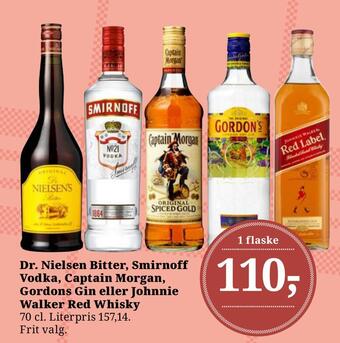 Dagli'Brugsen Dr. nielsen bitter, smirnoff vodka, captain morgan, gordons gin eller johnnie walker red whisky tilbud