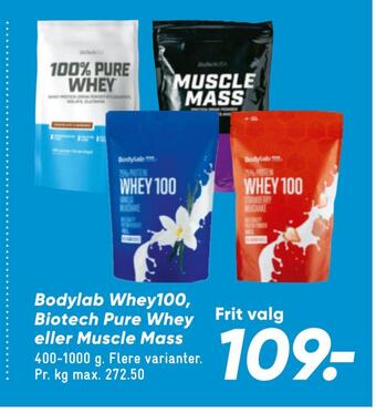 Bilka Bodylab whey100, biotech pure whey eller muscle mass tilbud