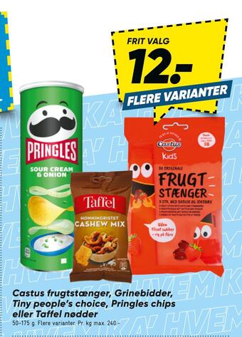 Bilka Castus frugtstænger, grinebidder, tiny people's choice, pringles chips eller taffel nødder tilbud