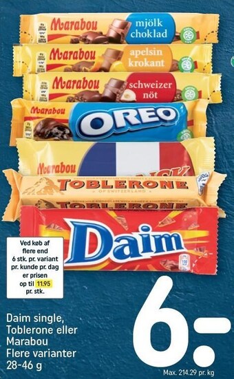 REMA 1000 Daim single, toblerone eller marabout flere varianter 28-46 g tilbud