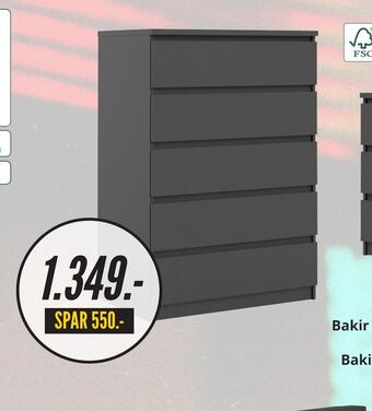 Bakir kommode, bred med 5 skuffer