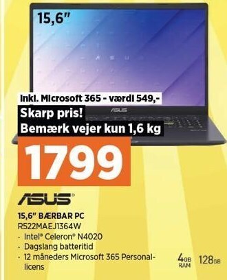 Power Asus 15,6'' bærbar pc tilbud