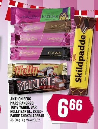 Løvbjerg ANTHON BERG MARCIPANBRØD, TOMS YANKIE BAR, HOLLY BAR EL. SKILD-PADDE CHOKOLADEBAR tilbud