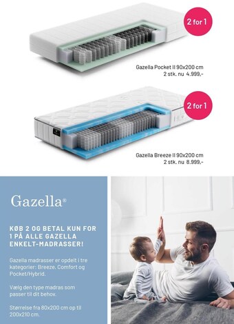 Køb 2 og betal kun for 1 på alle gazella enkelt-madrasser!
