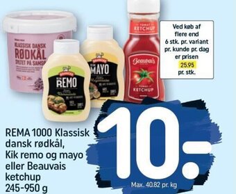 REMA 1000 Klassisk dansk rødkål, Kik remo og mayo eller Beauvais ketchup 245-950 g