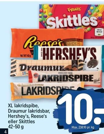 XL lakridspibe, Draumur lakridsbar, Hershey's, Reese's eller Skittles