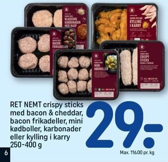 RET NEMT crispy sticks med bacon & cheddar, bacon frikadeller, mini kødboller, karbonader eller kylling i karry 250-400 g